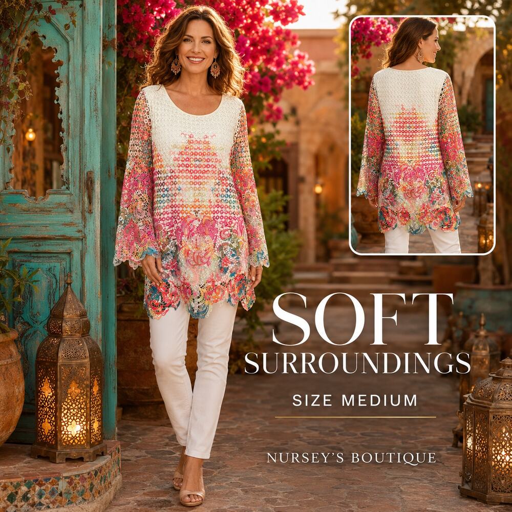 Soft Surroundings Flores Tunic M Multicolor Floral Lace Boho Ombre